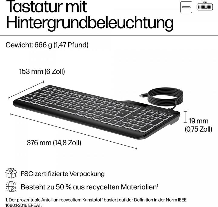 Actual product image HP 405 Multi-Device Backlit Wired Keyboard (DE, Cable)