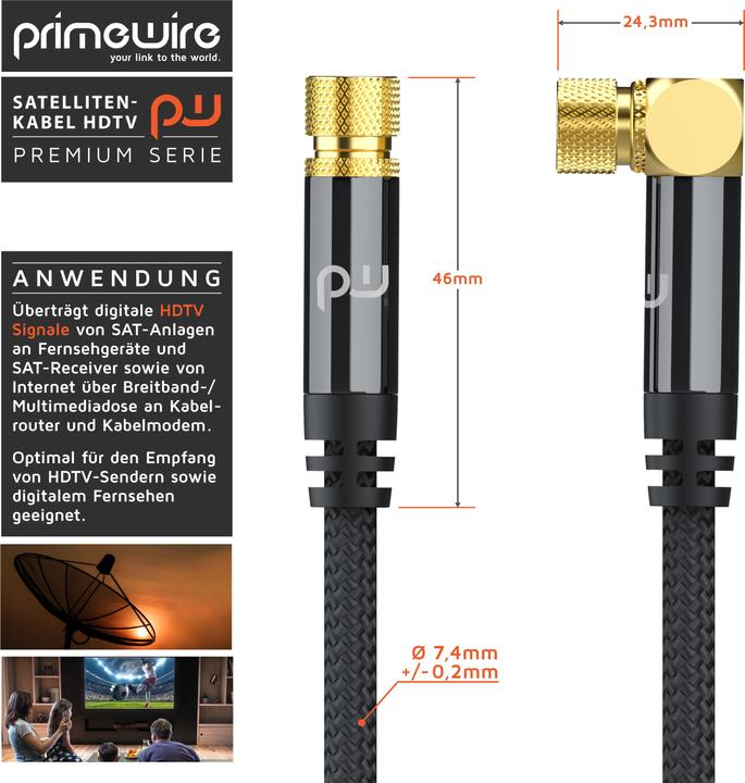 Immagine prodotto Primewire Cavo satellitare HDTV angolato con guaina in tessuto, cavo SAT, 135dB 75 Ohm 4k, connettore F, nero (135 dB, Cavi antenna)