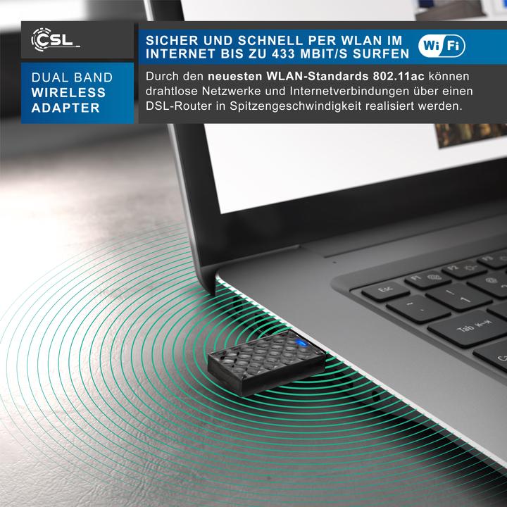 Produktbild CSL WLAN USB Adapter, AC450 WIFI Dual Band Stick, 433 MBit/s, 2,4 GHz / 5 GHz, 802.11ac, WPS, Windows 11 (USB 2.0)