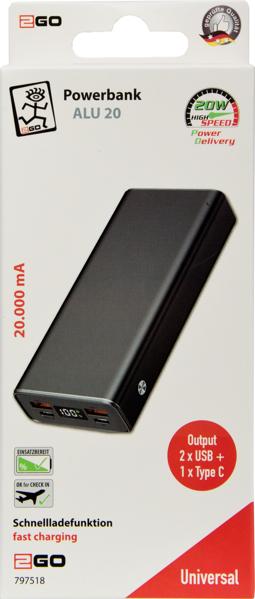 Actual product image 2GO Powerbank 20000mAh 2x USB-A 1x USB-C fast charging ALU (20000 mAh, 42.50 W, 42.50 Wh)