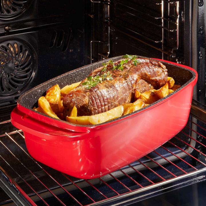 Produktbild Stoneline Bräter 40 x 22 cm mit Deckel, Backofen und Induktion geeignet, Antihaftbeschichtung, rot (Bräter + Schmortopf, Aluminiumguss)