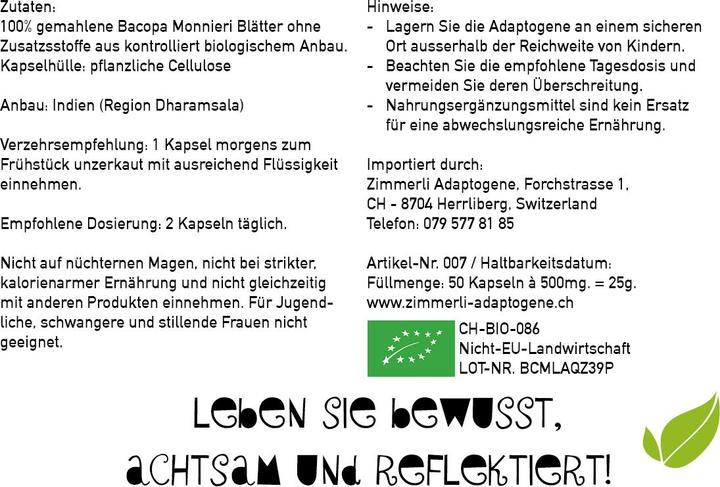 Valeurs nutritives et ingrédients Zimmerli Adaptogene Bacopa Brahmi en gélules (BIO) 50 gélules (1 pièce(s), Capsules, 25 g)