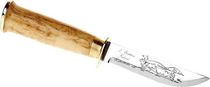 Actual product image Marttiini Belt knife, stainless steel, mirror polished, burl birch lacquered, finger guard, Naturl (11 cm)