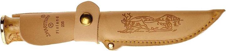 Actual product image Marttiini Belt knife, stainless steel, mirror polished, burl birch lacquered, finger guard, Naturl (11 cm)