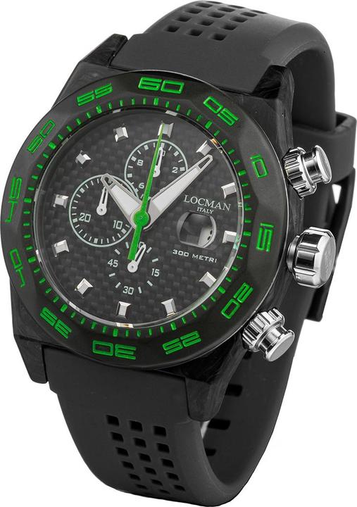 Actual product image Locman Italy Men's Watch Stealth Carbon Chronograph Black/Green Ref. 0218 (Chronograph, 46 mm)