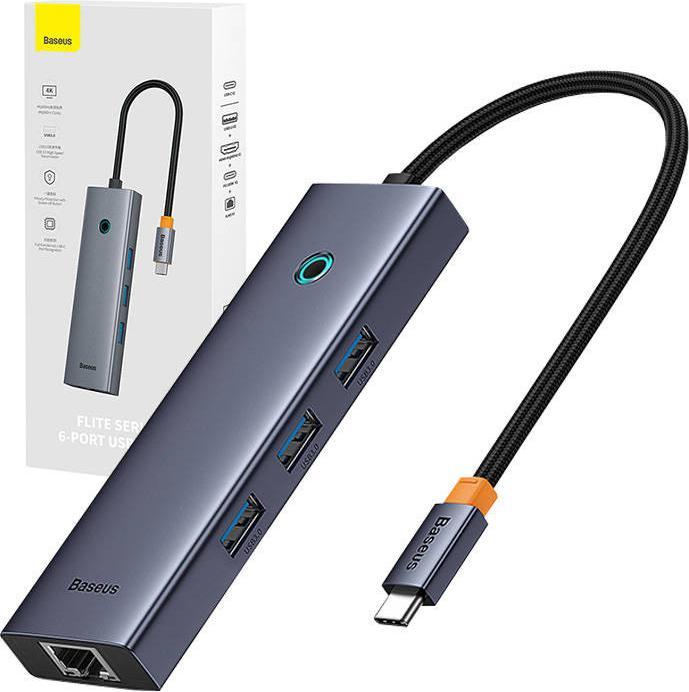 Actual product image Baseus Hub 6w1 UltraJoy 6-Port ( USB-C to 1xHDMI4K@30Hz + 3xUSB 3.0 + 1xPD +RJ45) (USB-C, 6 Ports)