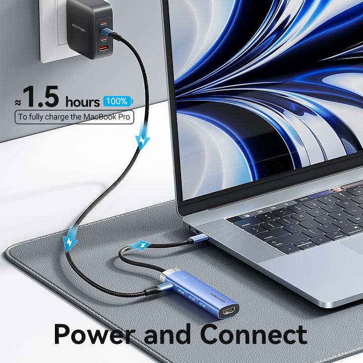 Actual product image Vention USB-C to HDMI/USB 3.0 x 3/PD Docking Station 0.15M Blue Aluminum Alloy Type (USB-C)