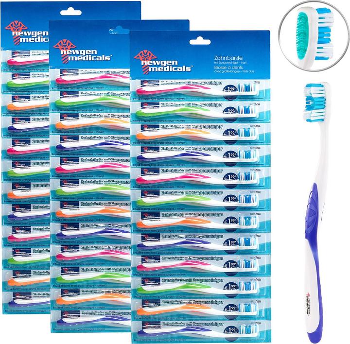 Produktbild Newgen medicals 36er-Pack Marken-Zahnbürsten mit Zungenreiniger, HART, 4 Farben (Hart, 36 x)