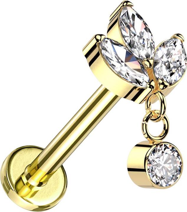 Immagine prodotto Star Piercing Micro labret filo interno placcato oro tre cristalli ovali argento ciondolo cristallo argento (senza ottone, Titanio G23)