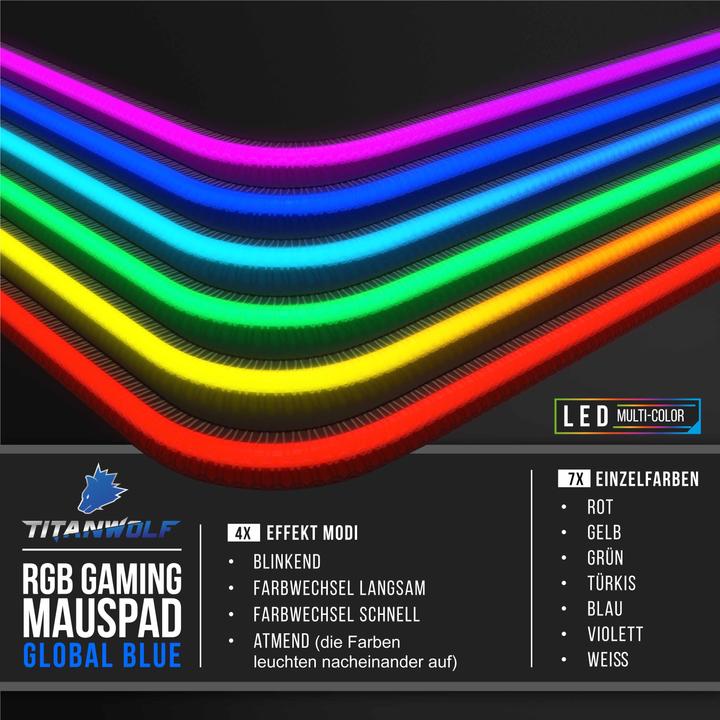 Produktbild Titanwolf RGB Gaming Mauspad, Mausmatte XL 800 x 300mm verbessert Präzision & Geschwindigkeit, Weltkarte blau