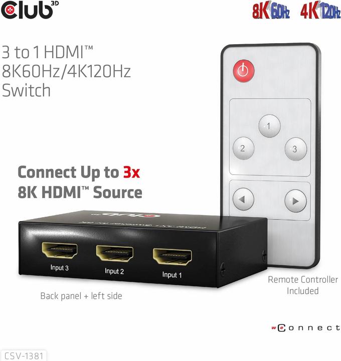 Produktbild Club 3D Club3D HDMI Switchbox 3 Eingänge -> 1 Ausgang 8K60Hz UHD retail