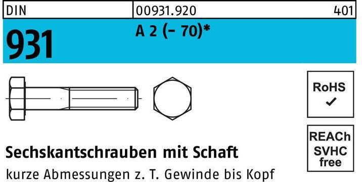 Productafbeelding Zeskantkopschroef DIN 931 w.schacht M 12 x 230 A 2 (- 70) (10 Schroeven per stuk)