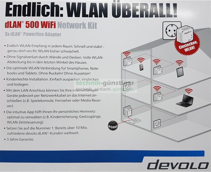 Actual product image Devolo dLAN 500 WiFi Powerline Starter Kit 3 adapters (500 Mbit/s)