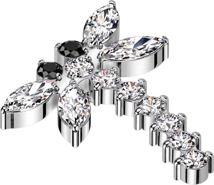 Star Piercing Dermal Anchor Libelle silber Kristalle silber (ohne Messing, Titan G23)