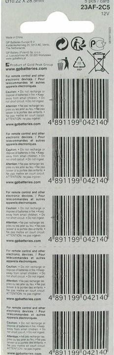 Actual product image GP Batteries 23A, 23Ae, A23, VA23GA, MS21, MN21, 8LR932 (5 pcs., LR9, 38 mAh)