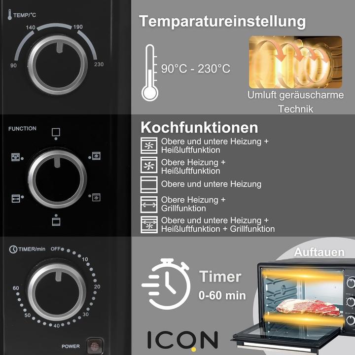 Produktbild Icqn Vrijstaande Oven - 50L - Convectie Mini Oven - Hetelucht & Grillfunctie - Gemailleerde Holte - Zwart