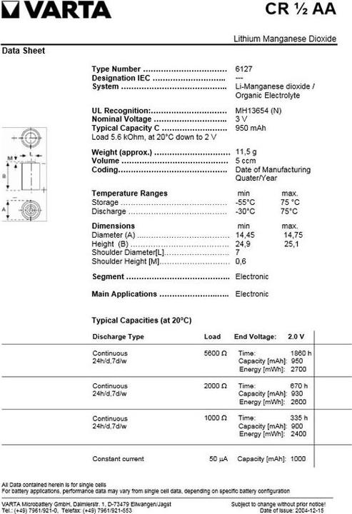 Produktbild Varta Batterie CR1/2AA, 6127 mit axialem Lötdraht (1 Stk., 1/2 AA, 950 mAh)