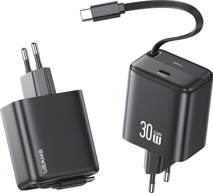Immagine prodotto Usams Ład. siec. 1xUSB-C ze zwijanym kablem USB-C Retractable PD+QC 30W Gan Fast Charging czarny/bla (30 W)