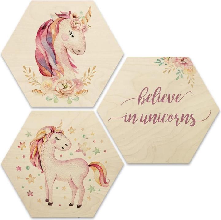 Trenddeko Hexagon - Holz Birke-Furnier - Kvilis - Believe in Unicorns - Einhörner (3er Set) (25 x 22 cm)