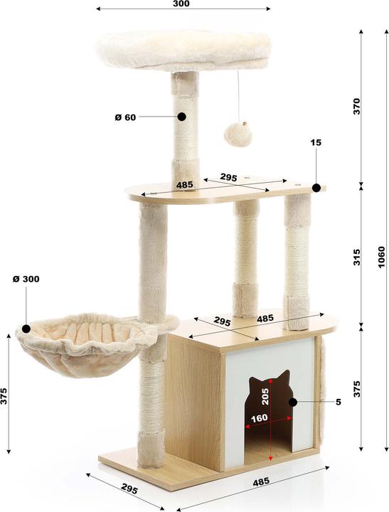 Actual product image Fudajo Cat Tree Wooden Beige 106cm Scratching Post with Cat House Sisal Scratching Trunks and Divans (106 cm, Wood, Beige)