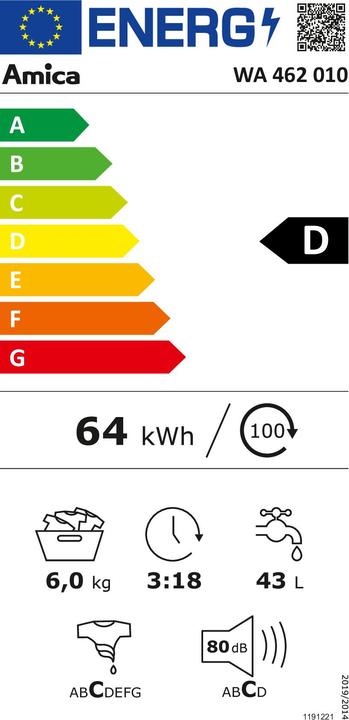 Energy Label Amica Washing machine WA 462 010 Capacity 6 kg 1200 rpm (6 kg, Left)