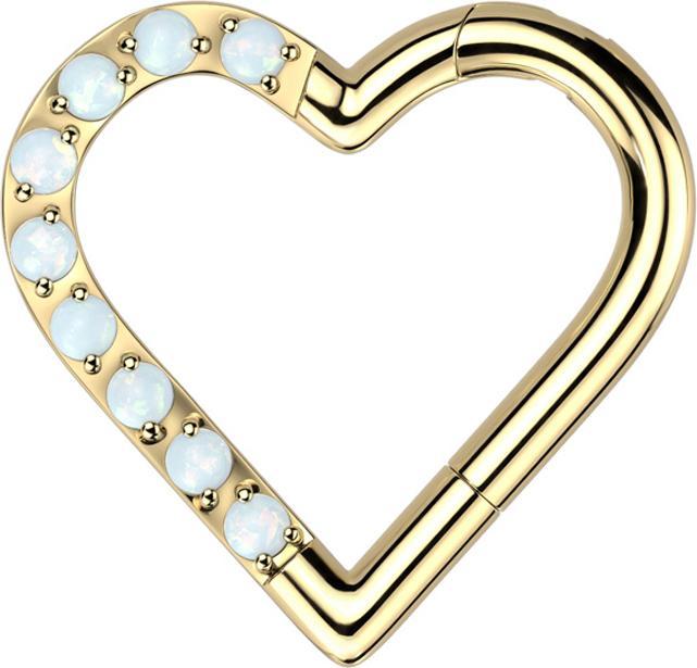 Star Piercing Micro Segmentring klappbar vergoldet Herz einseitig Opale weiss (ohne Messing, Titan G23)