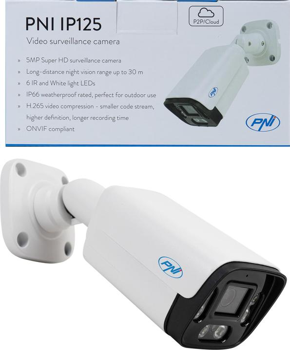 Image du produit PNI IP125 Caméra de vidéosurveillance avec IP, 5 MP, H.265, ONVIF, IP66 extérieur et intérieur