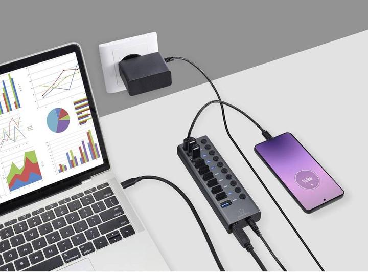 Produktbild Renkforce 10 Port USB 3.2 Gen 1-Umschalter + Hub (USB 3.0) mit Aluminiumgehäuse Silber-Schwarz (USB-A, 10 Ports)