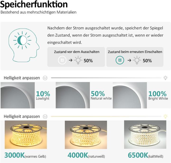 Produktbild Emke Badspiegel mit Beleuchtung Φ50cm,Beschlagfrei, 3 Farbtemperaturen(3000K-6500K) und dimmbaren