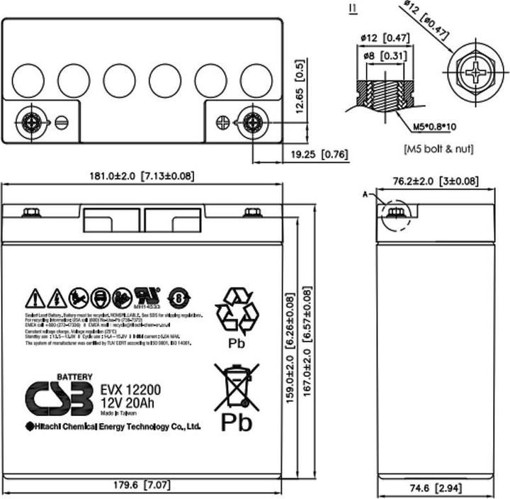Produktbild CSB EVX12200 12 Volt AGM Bleiakku 20Ah, 181x76,2x167mm, zyklenfest, M5 Innengewinde (12 V, 20 Ah)