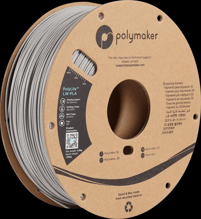 Image du produit Polymaker PolyLite LW-PLA (PLA, 1.75 mm, 800 g, Gris)