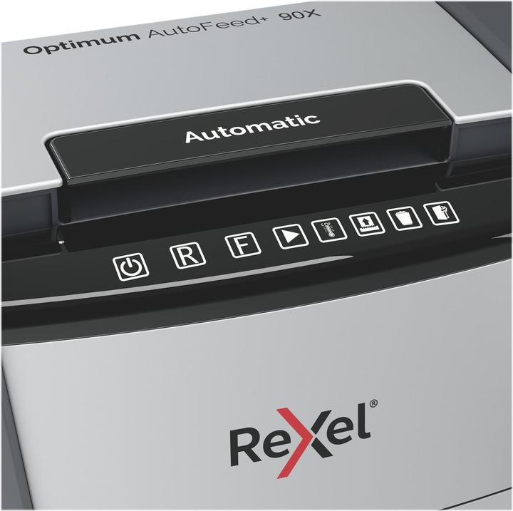 Actual product image Rexel Optimum AutoFeed+ 90X Shredder Particle cut 4 x 28 mm 34 l Number of sheets (max.): 90 Safe (Particle cut)