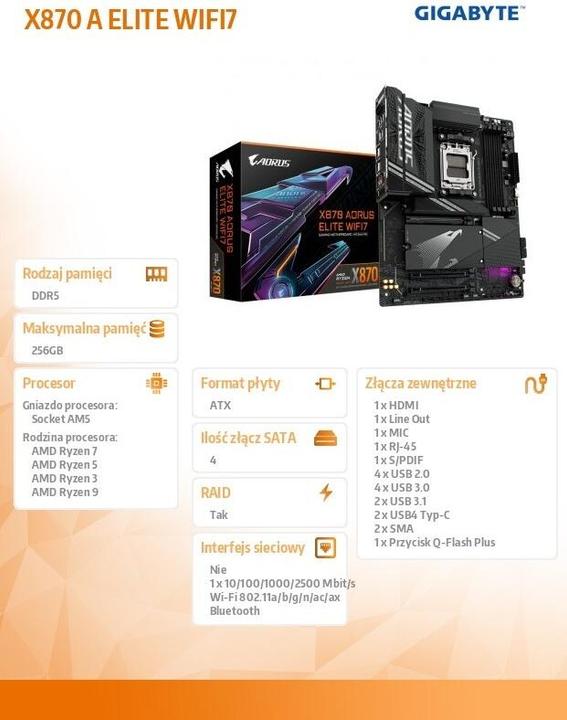 Actual product image Gigabyte X870 A ELITE WIFI7 AM5 ATX MB (AM5, AMD X870, ATX)