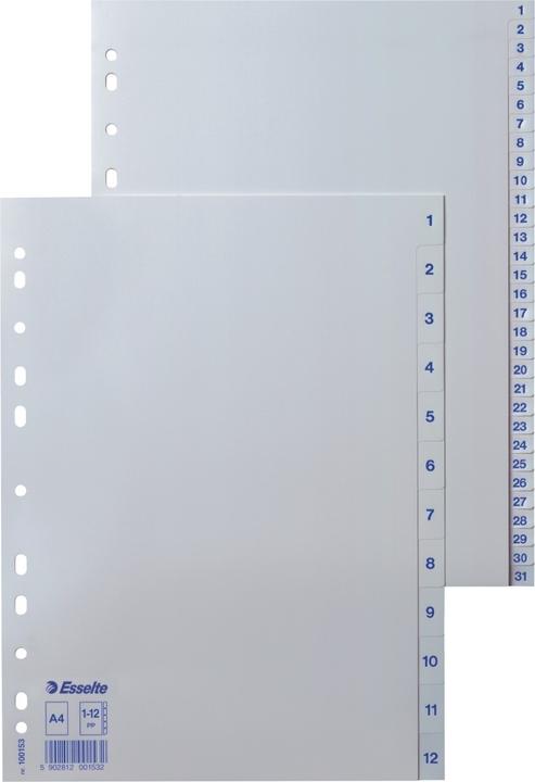 Actual product image Leitz Esselte plastic registers, numbers, A4, 1-12, white universal perforation, dimensions: (W)225 x