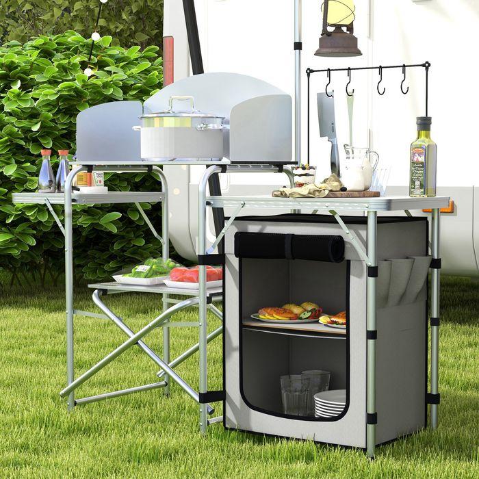 Immagine prodotto Swisshandel24 Cucina da campeggio, pieghevole, 3 piani di lavoro, frangivento, armadio in tessuto, 144x48x119cm