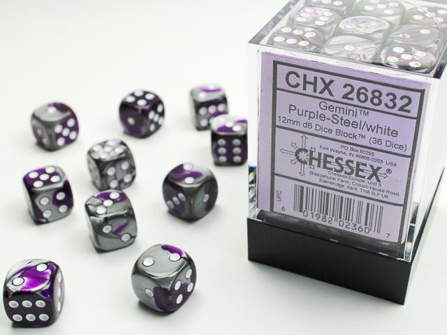 Immagine prodotto Chessex Blocco di dadi Gemini® 12 mm d6 viola-acciaio/bianco (36 dadi)