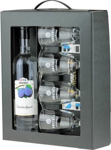 Actual product image Amstutz Manufaktur Edelbrand KAFI-LUTZ complete set ZWETSCHGEN incl. 4 glasses and spoon / % (1 x 50 cl)