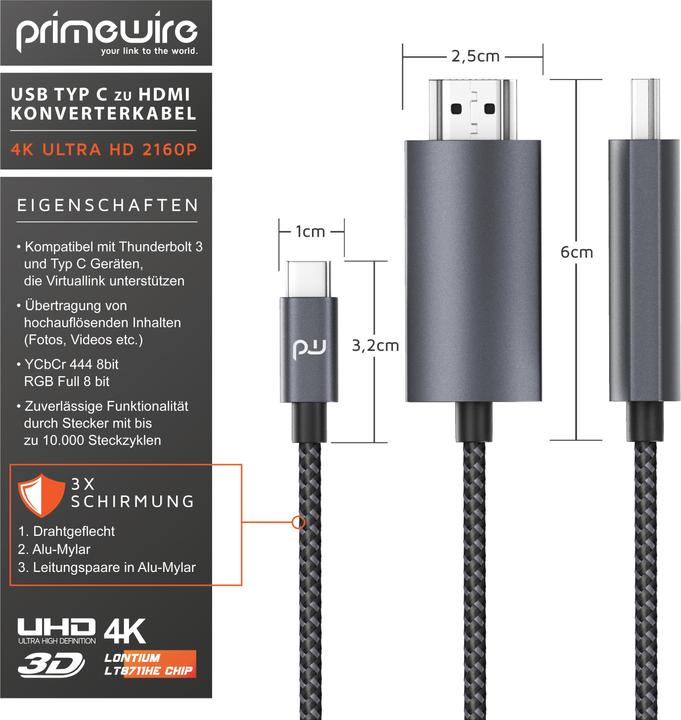 Actual product image Primewire USB Typ C — HDMI (Typ A) (2 m, HDMI, USB Type C)