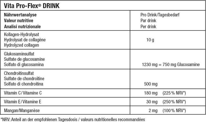 Nutritional values and ingredients Vita ProFlex DRINK for tendons, ligaments and joint cartilage (1 Piece, Liquid, 560 g)