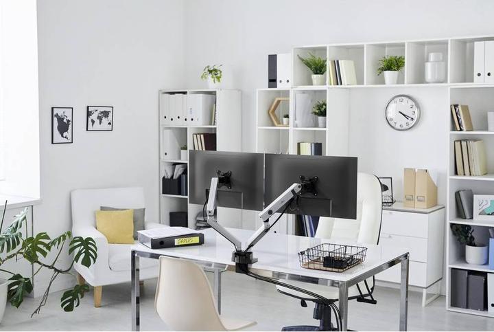 Actual product image Durable Monitor holder. SELECT PLUS w Arm f 2 Mon. tableb. Sil. (Table, 32")