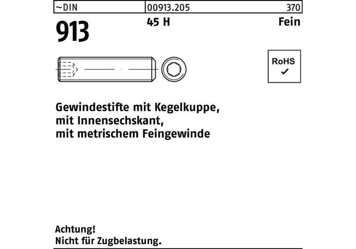 Produktbild Gewindestift DIN 913 Kegelkuppe/Innen-6-kant M10 x 1,25x 60 45 H Feingewinde (100 Schrauben pro Stück)