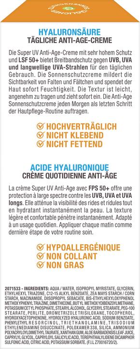 Nährwerte und Zutaten Garnier Ambre Solaire Super UV (Sonnencreme Gesicht, SPF 50+, 50 ml, 70 g)