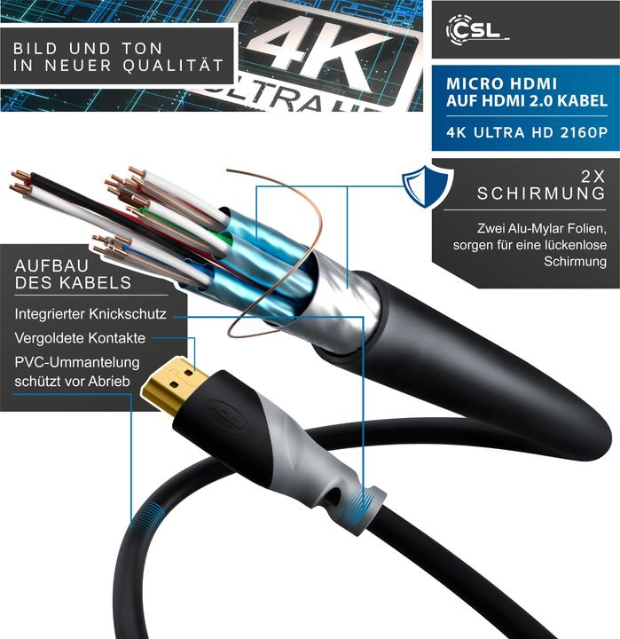 Produktbild CSL Micro HDMI Kabel 2.0 - 4k 60Hz Ultra HD - Full HD - 3D - Ethernet - 1080p 2160p - 3 fach geschirmt (1 m, HDMI)