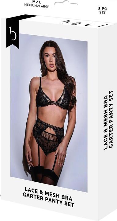 Produktbild Baci 3pc Lace & Mesh Bra, Garter & Panty Set (S/M)