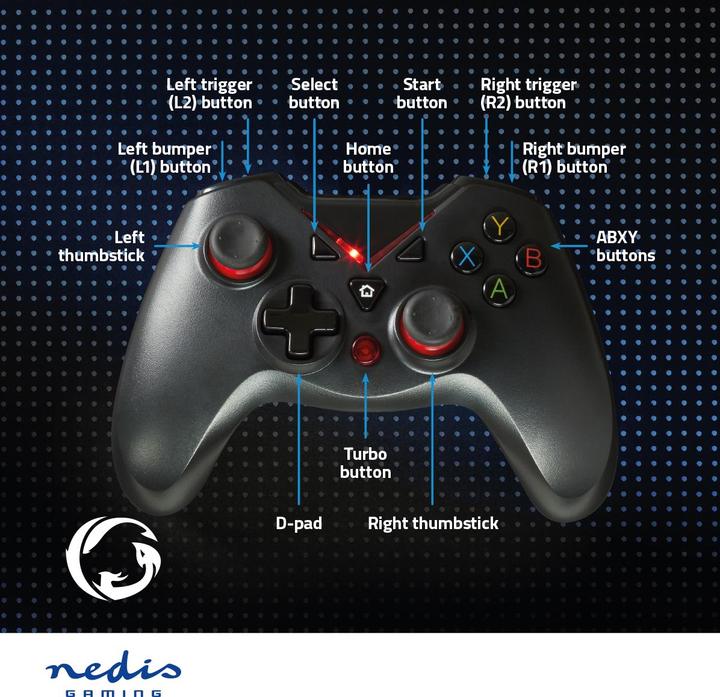 Actual product image Nedis Gamepad | USB Type-A | Power supply via USB | PC | Number of buttons: 12 | Cable length: 1.60 m (PC)