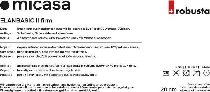 Valori nutrizionali e ingredienti Robusta Swiss Bedding Elanbasic II (90 x 200 cm, Nucleo di schiuma)