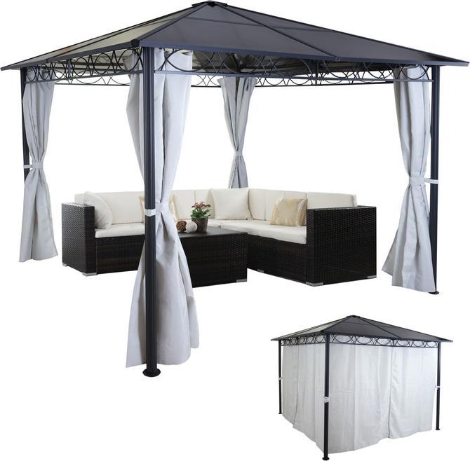 Swisshandel24 Padiglione da giardino a pergola rigida, tetto in plastica, pareti laterali in alluminio grigio (300 cm, 300 cm)