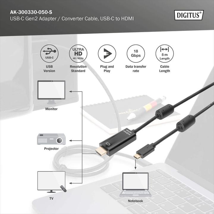 Produktbild Digitus USB Typ C — HDMI (Typ A) (5 m, HDMI)