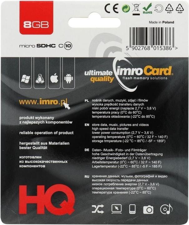 Productafbeelding IMRO 10/8G Geheugenkaart 8 GB MicroSDHC Klasse 10 (8 GB, microSDHC, U1, UHS-I)