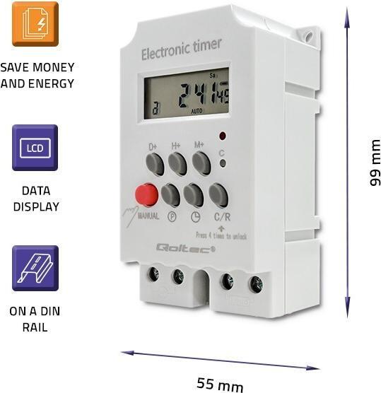 Produktbild Qoltec Elektroniczny programator czasowy PC0629 na szynę DIN | LCD